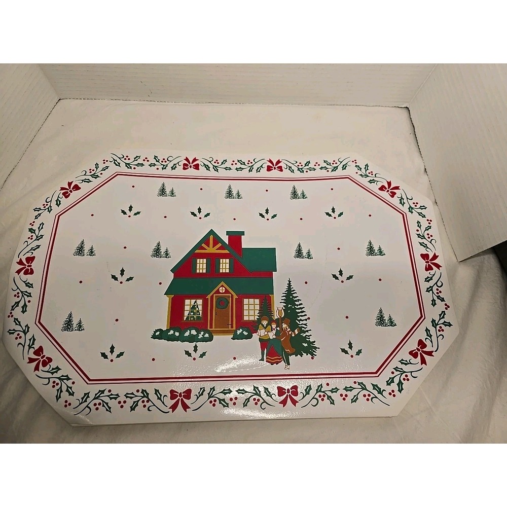 Lot Of 7 Vintage Christmas Vinyl Placemats Red &‎ Green House With Holly & Bows